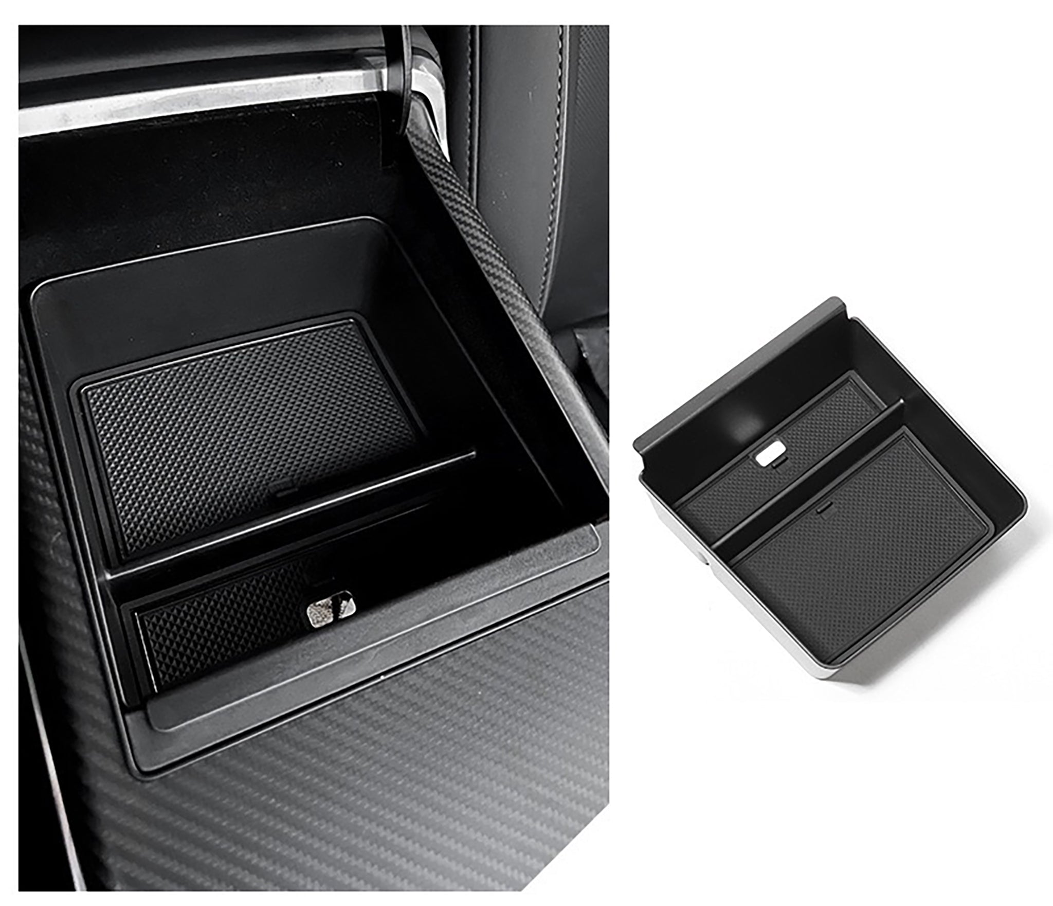 Tesla Model S / X Armrest Center Console Organizer Tray – Dual-Layer Storage with Cable Routing & Noise-Reducing Pad