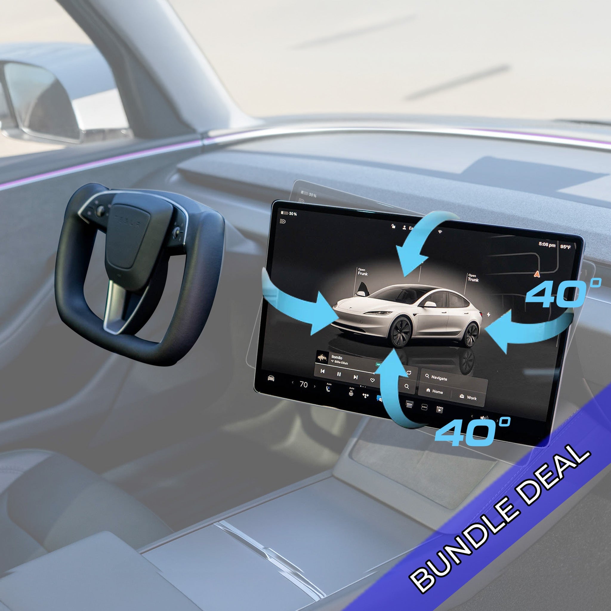 Bundle: Model 3 Highland Yoke Style Steering Wheel & Screen Swivel Mount Set