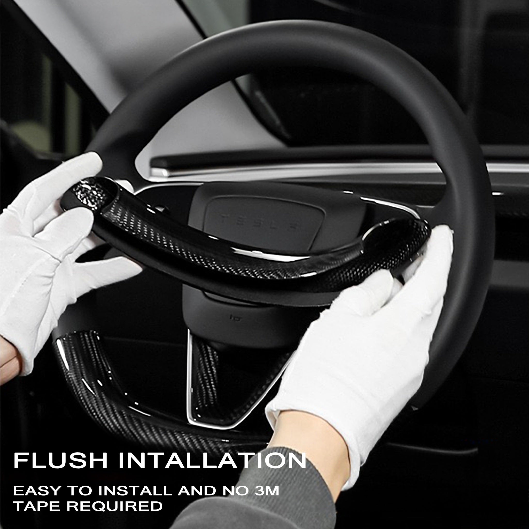 installation of carbon fiber steering wheel overlay on Tesla Model Y Juniper