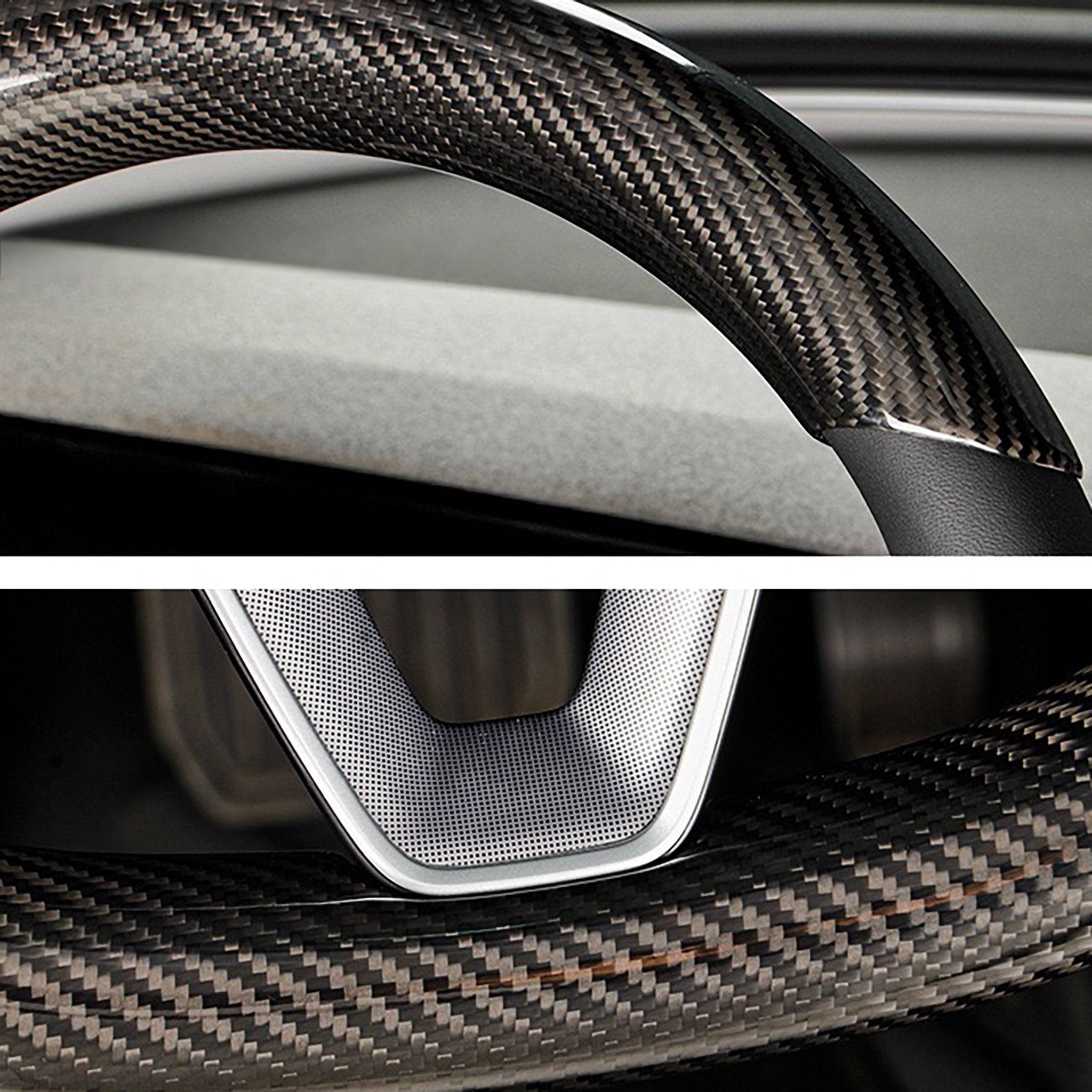Close-up view of real carbon fiber texture steering wheel overlay for Tesla Model Y Juniper