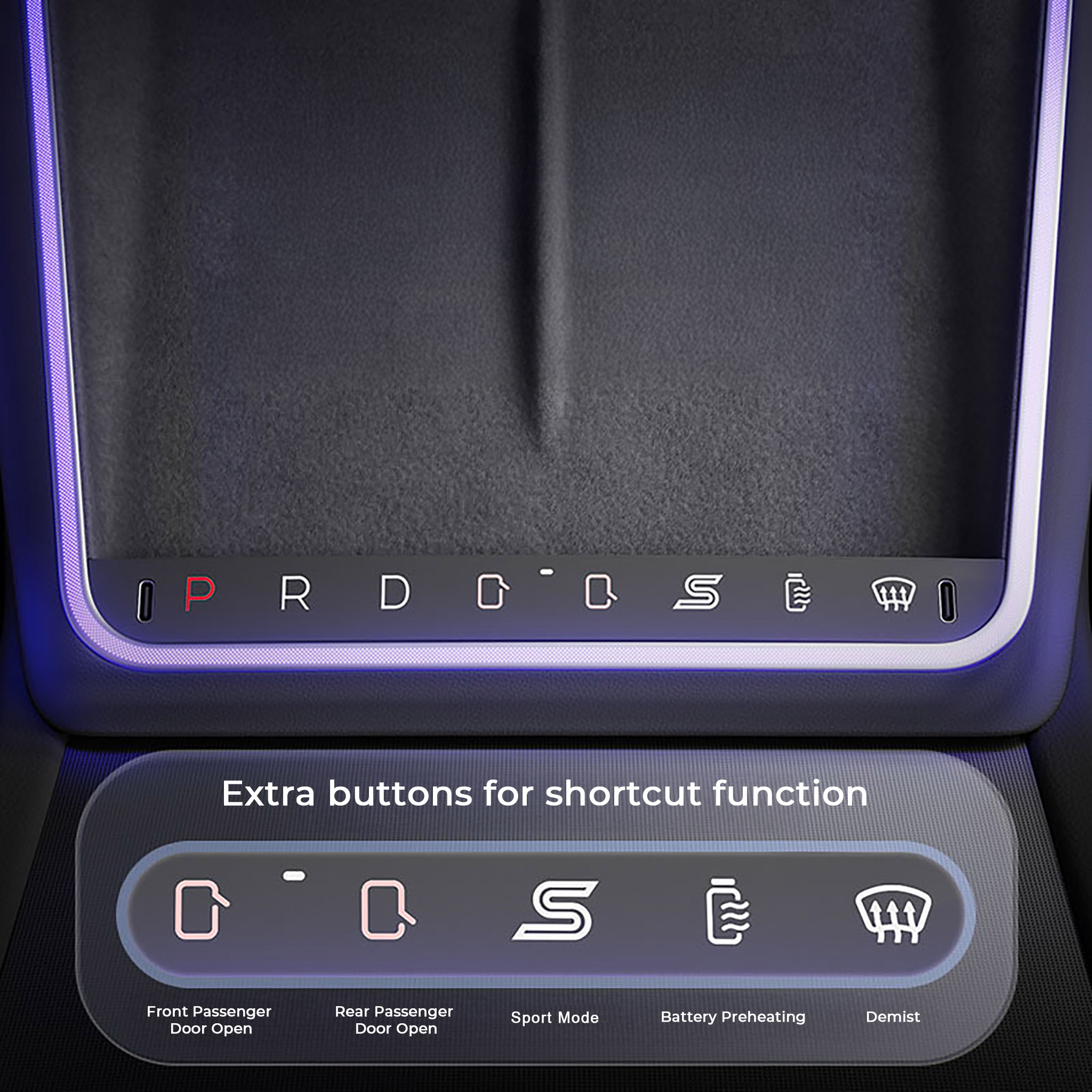 2024+ Tesla Model 3 Highland Center Console Gear Selector Upgrade with Ambient Lighting & Shortcut Buttons