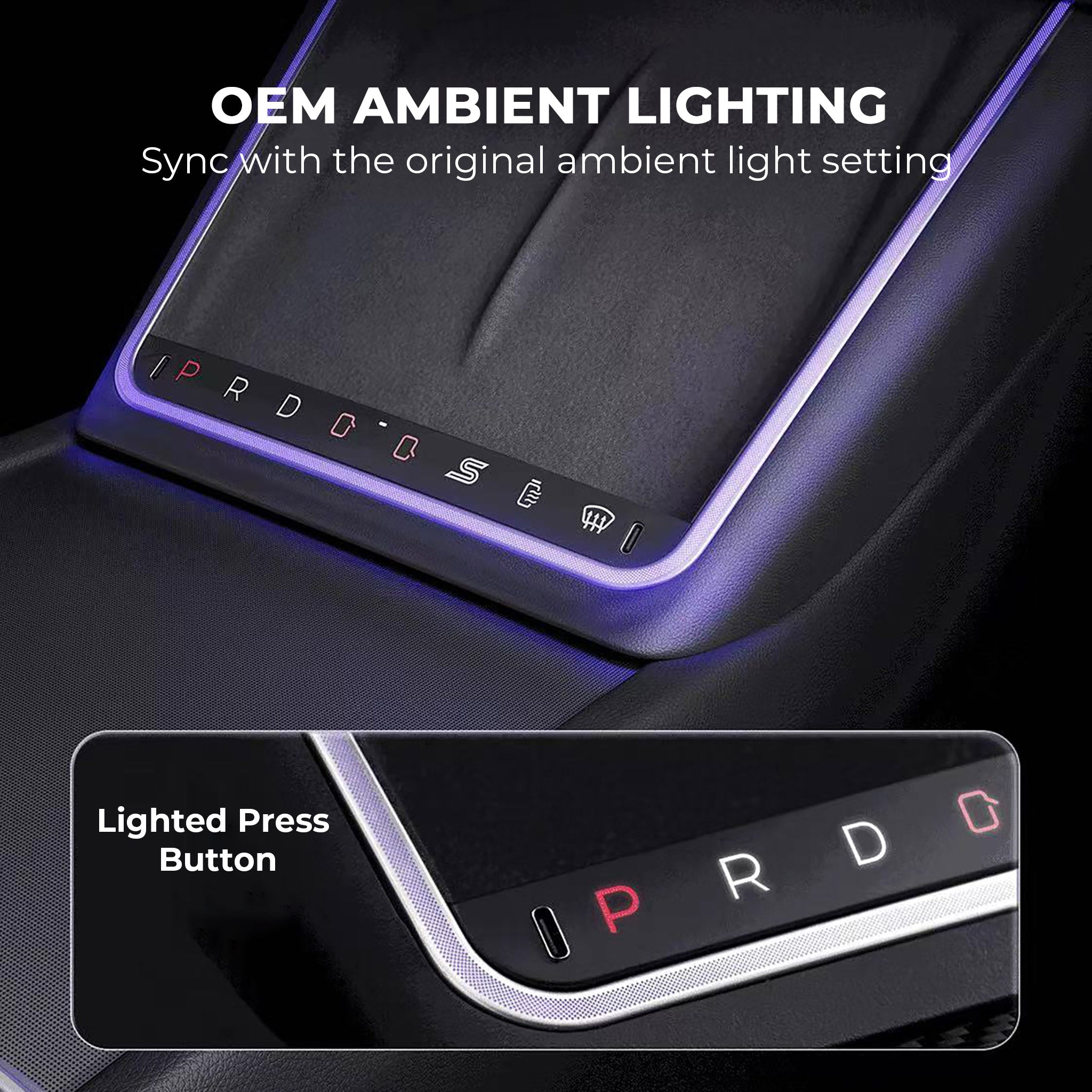 2024+ Tesla Model 3 Highland Center Console Gear Selector Upgrade with Ambient Lighting & Shortcut Buttons