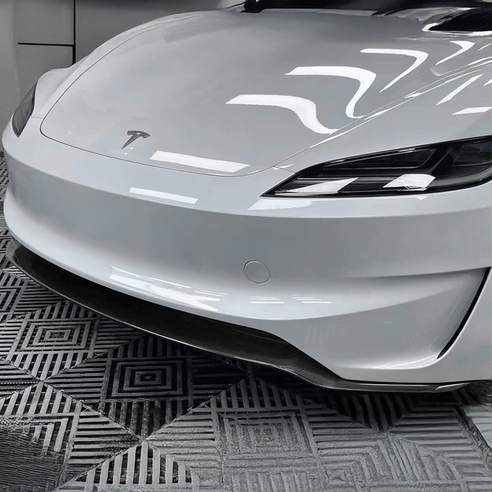 Side view of Carbon Fiber Front Lip installed on Tesla Model 3 Highland Performance
