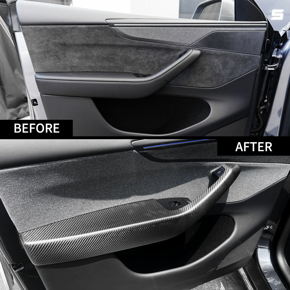 before vs after installation: Model Y Juniper Carbon Fiber Front Door Armrest plane