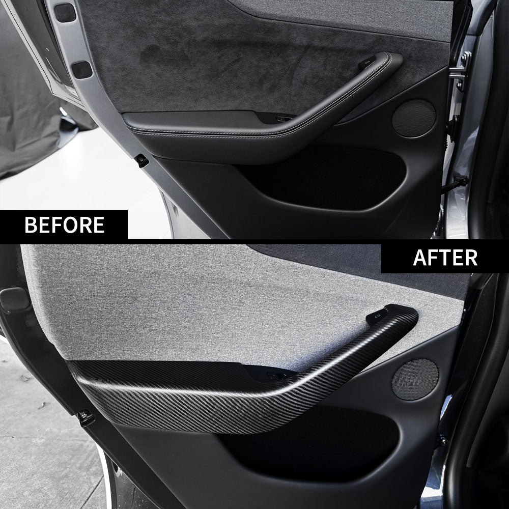 before vs after installation: Model Y Juniper Carbon Fiber Rear Door Armrest plane