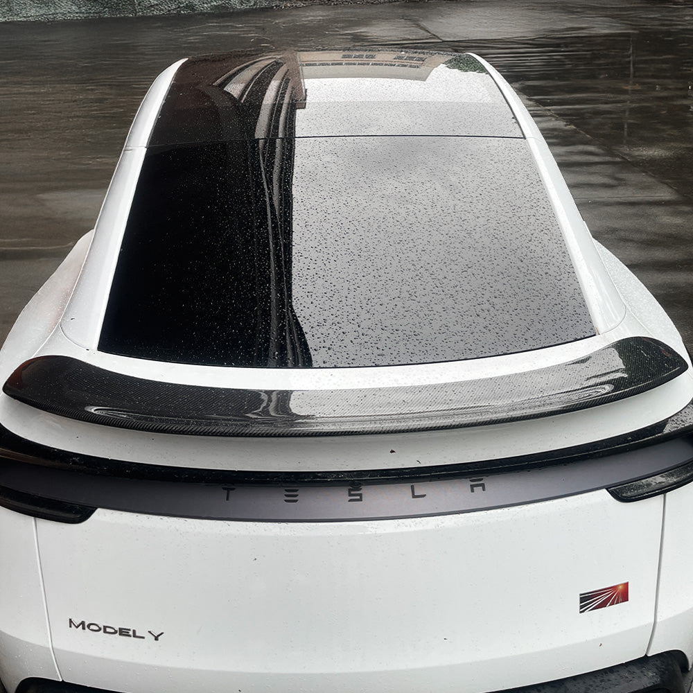 Back view of Model Y Juniper V-Style Carbon Fiber Rear Spoiler-glossy