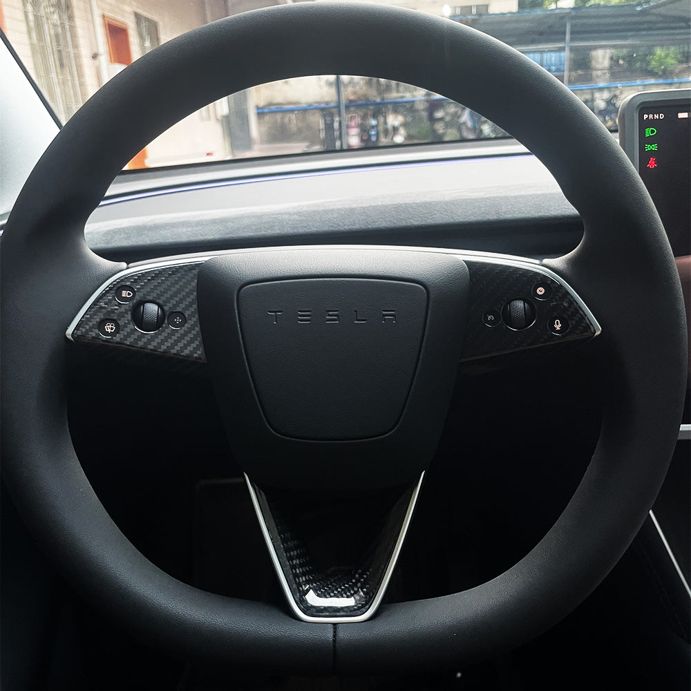 After installation: Model Y Juniper with carbon fiber steering wheel trim