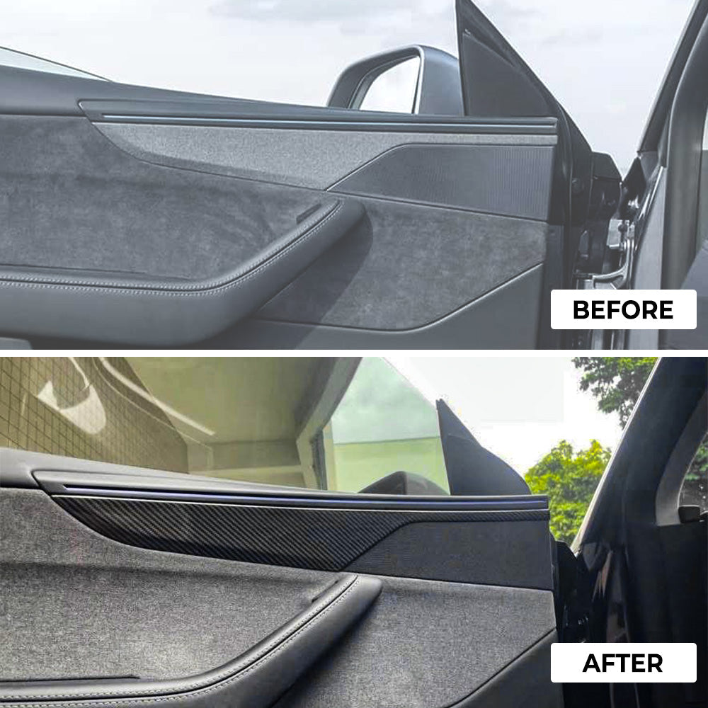 before and after installtion: Tesla Model Y Juniper Carbon Fiber Door Panel Trim Covers
