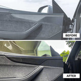 before and after installtion: Tesla Model Y Juniper Carbon Fiber Door Panel Trim Covers