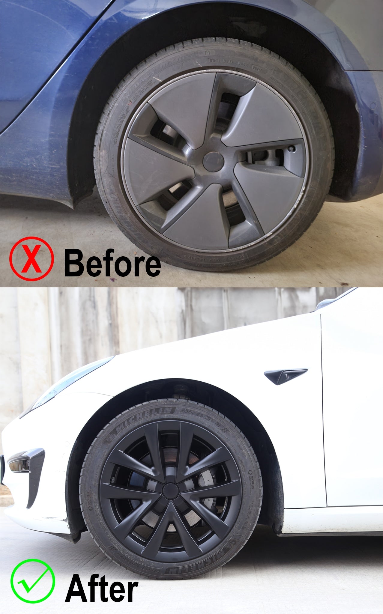 Teego Tesla Model 3 Arachnid Wheel Cover Before & After Installation