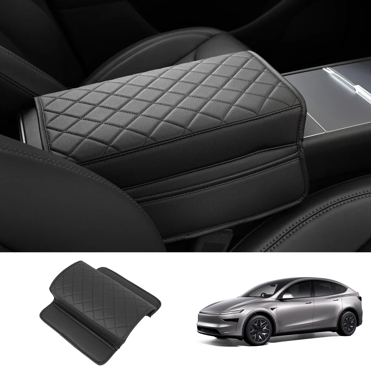 Leather Center Armrest Cover with Side Pockets for Tesla Model Y L 2026+