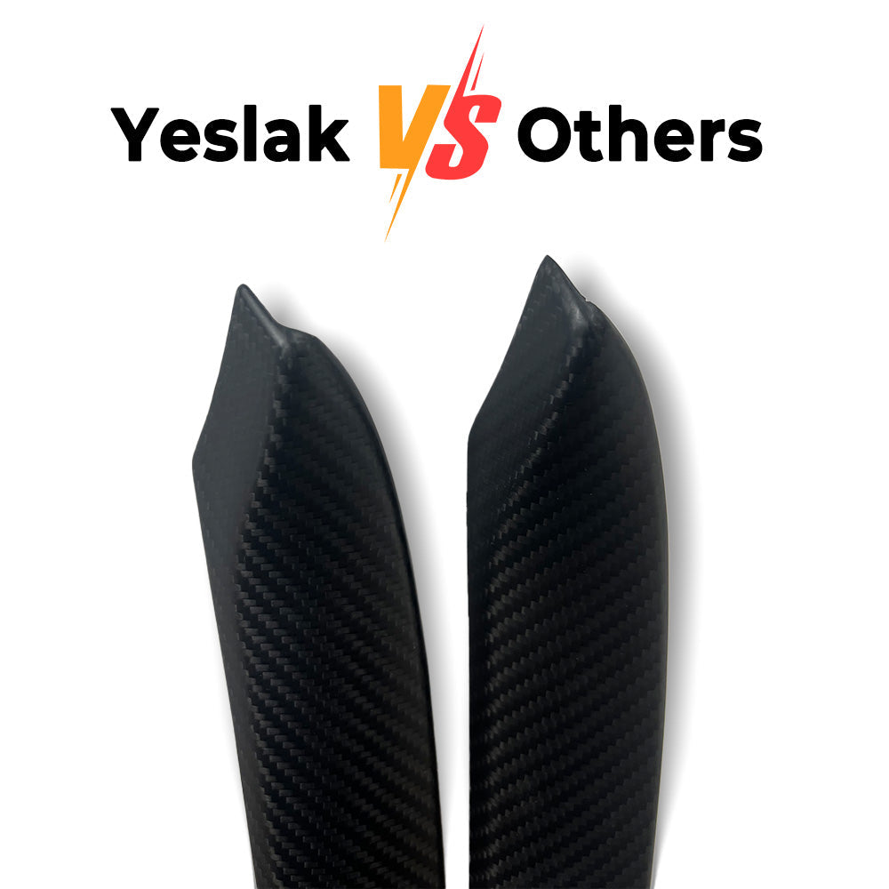 Teego vs. others: Precise-fit Tesla carbon fiber door trim with zero gaps vs. misaligned inferior brands.