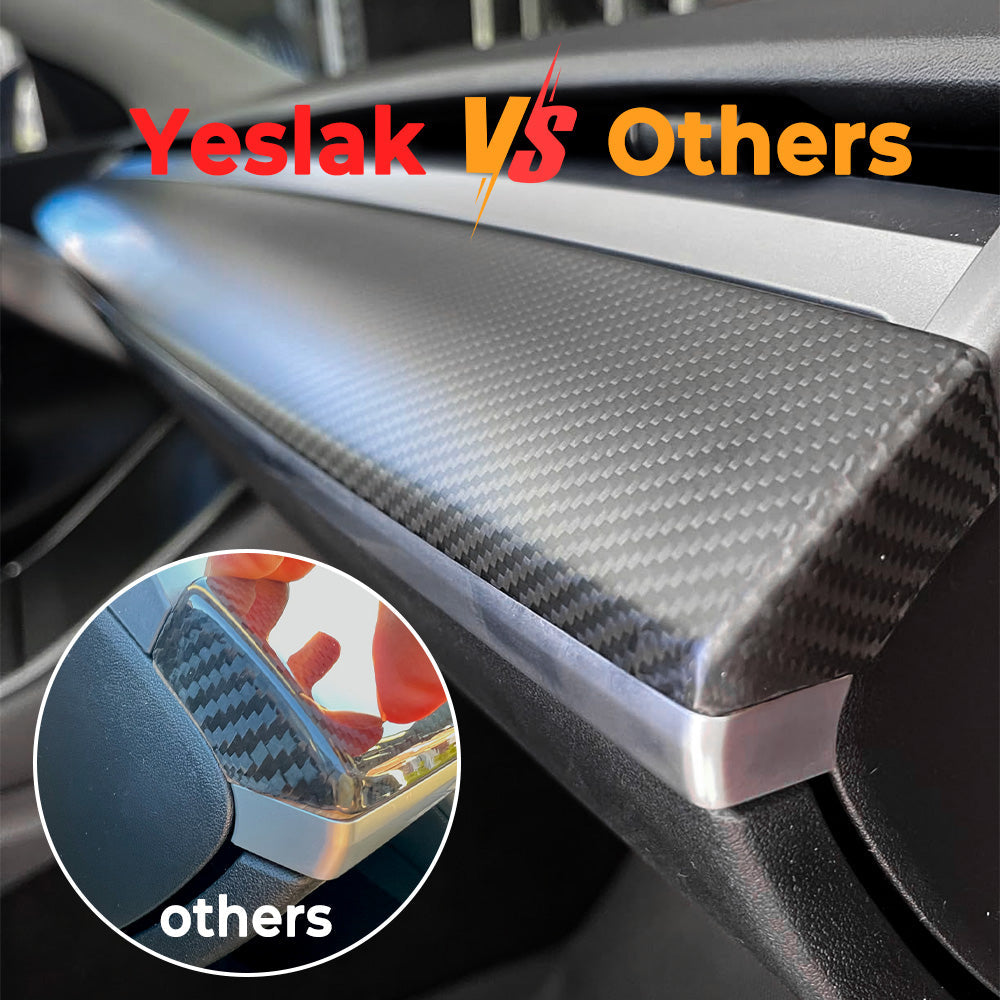 Teego vs. others: Precise-fit Tesla carbon fiber dash cover with zero gaps vs. misaligned inferior brands.