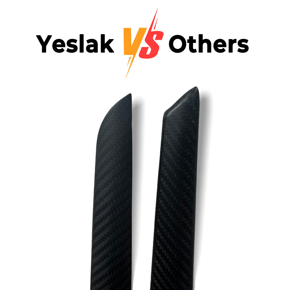 Teego vs. others: Precise-fit Tesla carbon fiber door trim with zero gaps vs. misaligned inferior brands.