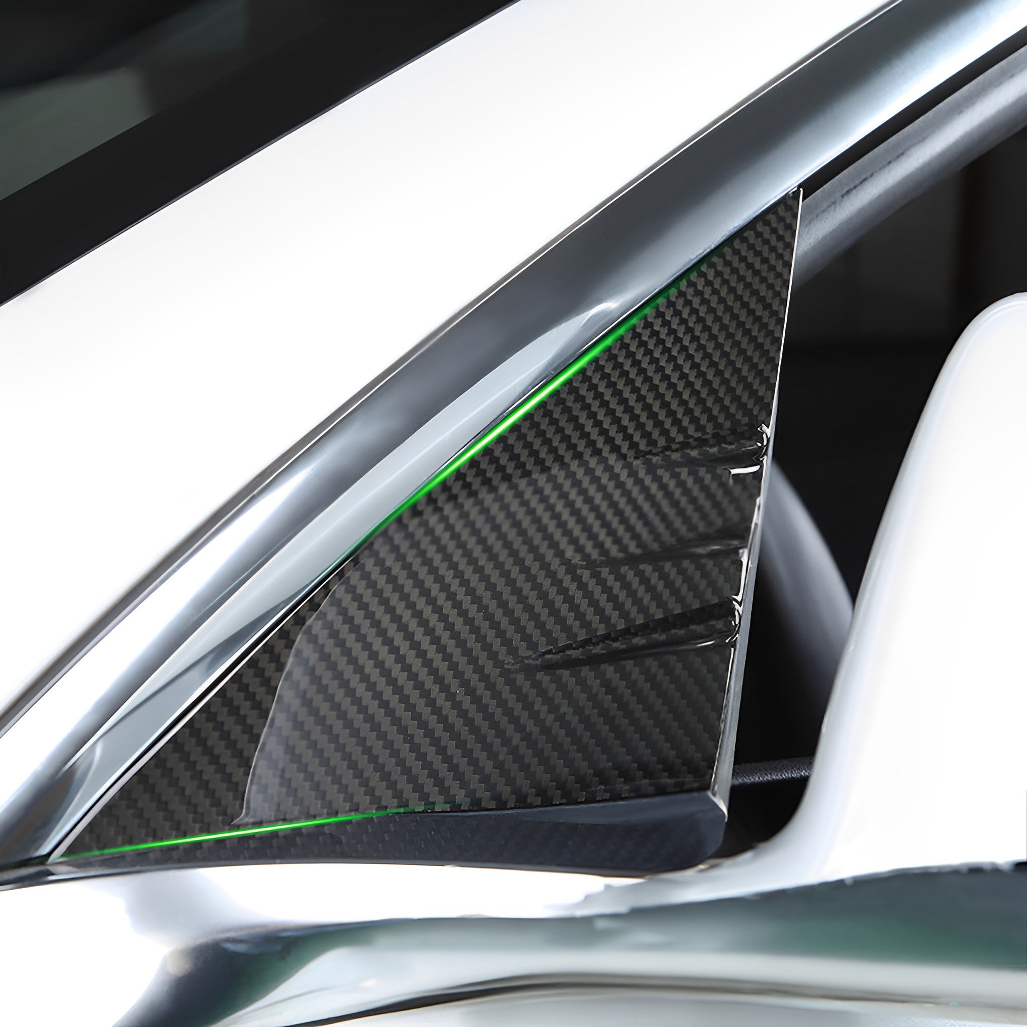 Tesla Model 3/Y Carbon Fiber A-Pillar Covers - glossy finish-close-up detail shot
