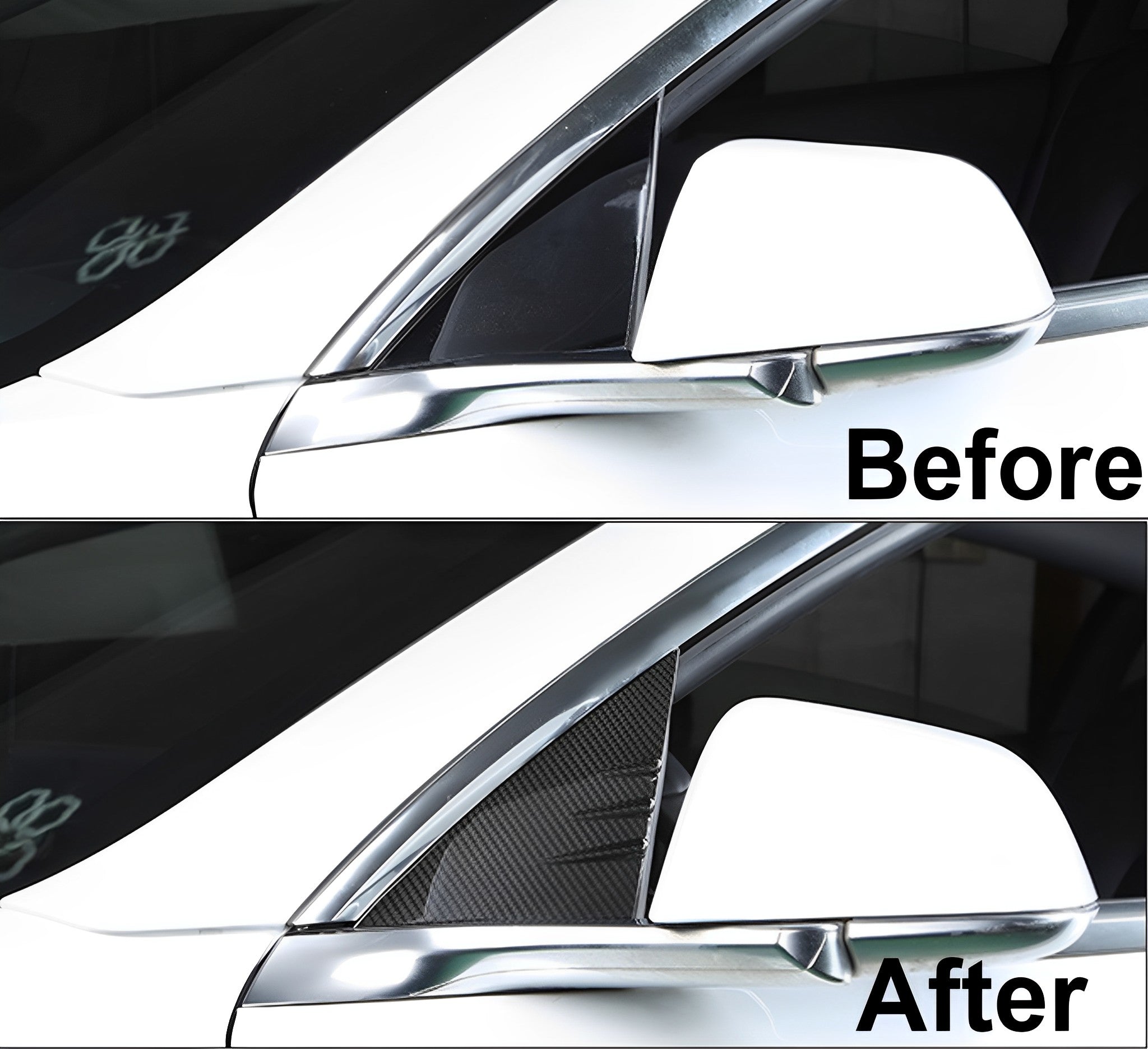 Before and after installation of carbon fiber A-Pillar Cover on Tesla