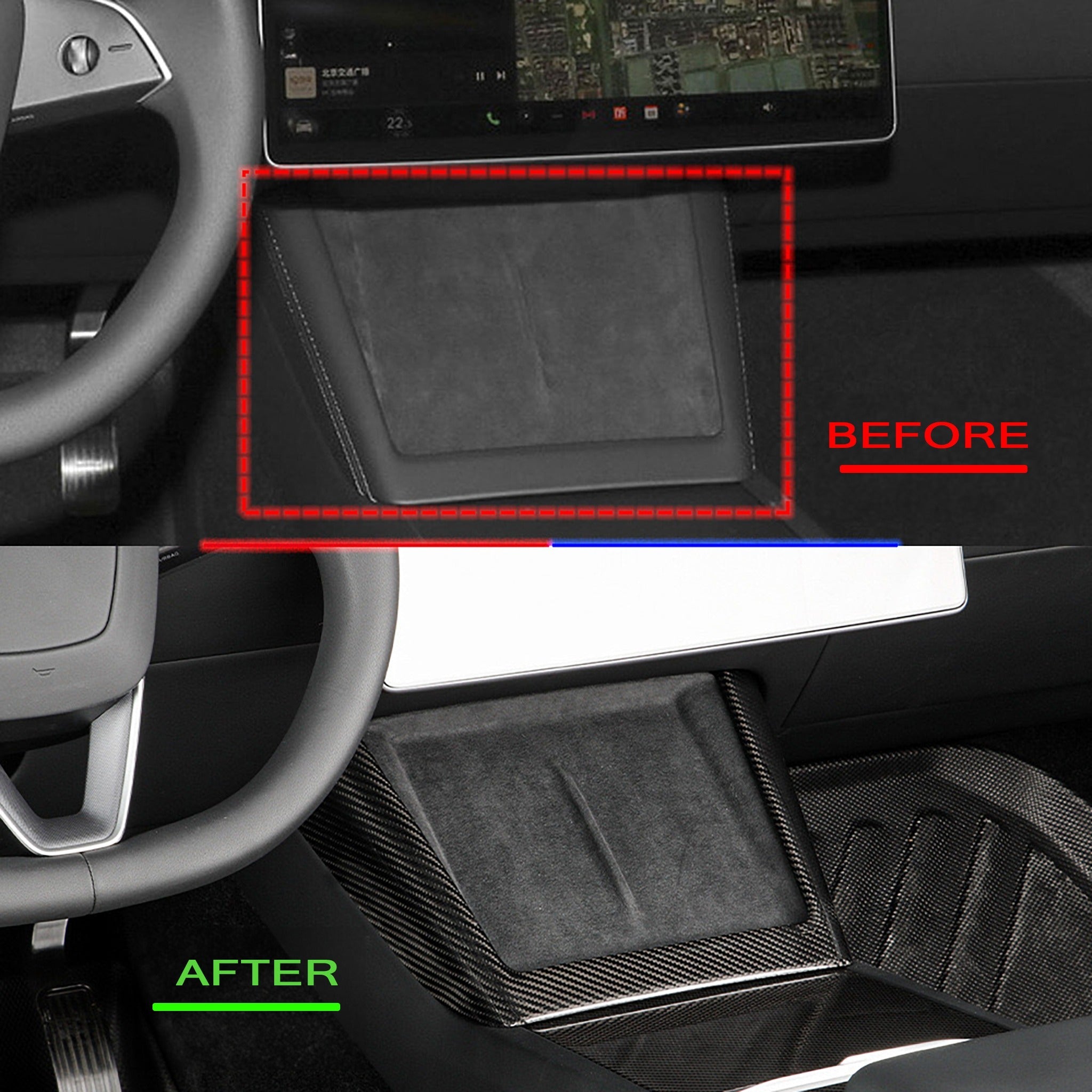 Before and after installtion: Tesla 3/Y with Carbon Fiber Charging Pad Frame