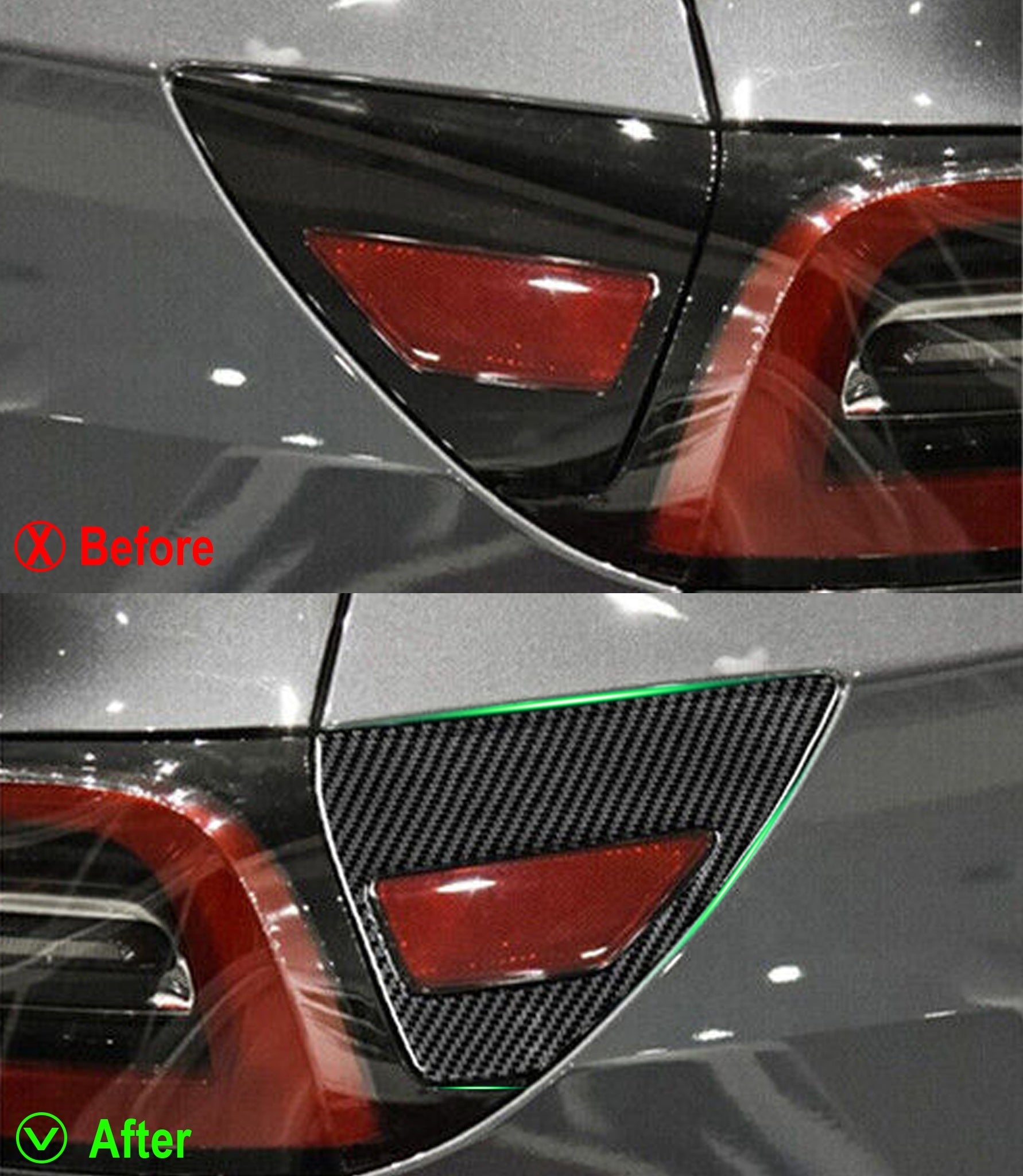 Before and after installation of Carbon Fiber charging Cap Trim on Tesla Model Y