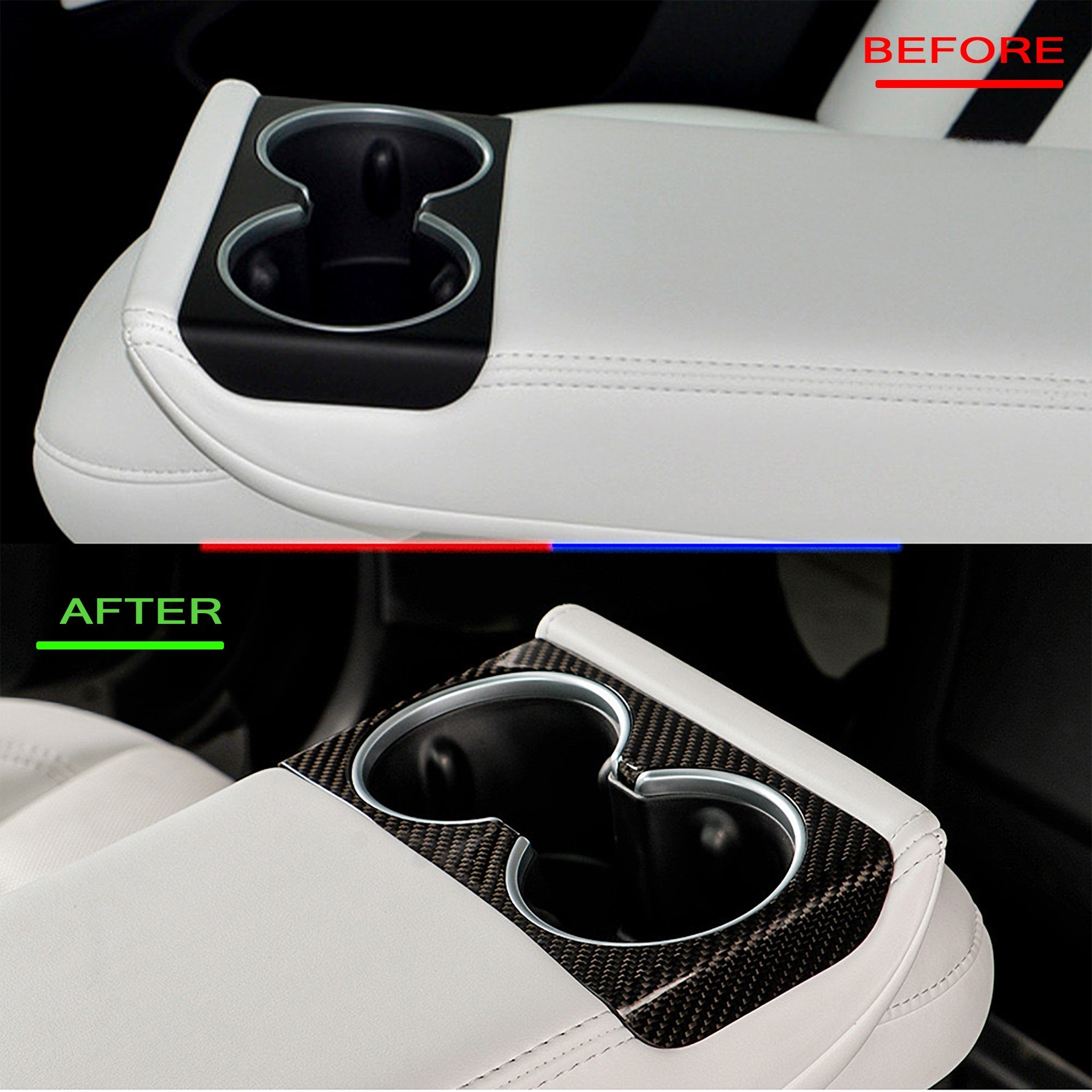 before vs after installation: Tesla Model 3 Highland with Carbon Fiber rear Cup Holder Cover