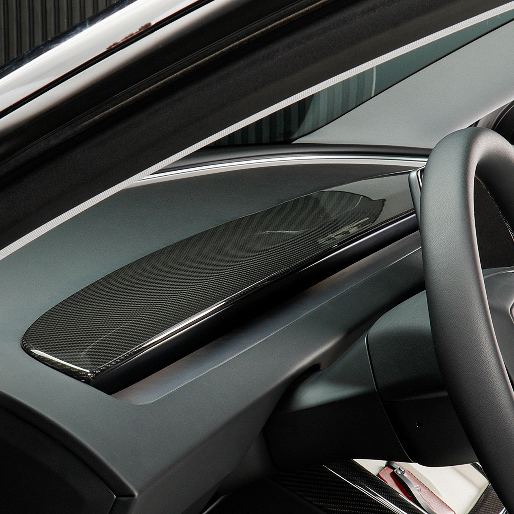 Side view of Carbon fiber Dashboard installed on Tesla Model 3 Highland
