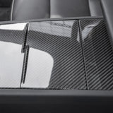 detail of Model Y 2025+ with glossy Carbon Fiber Center Console Overlays Gen 2 installed