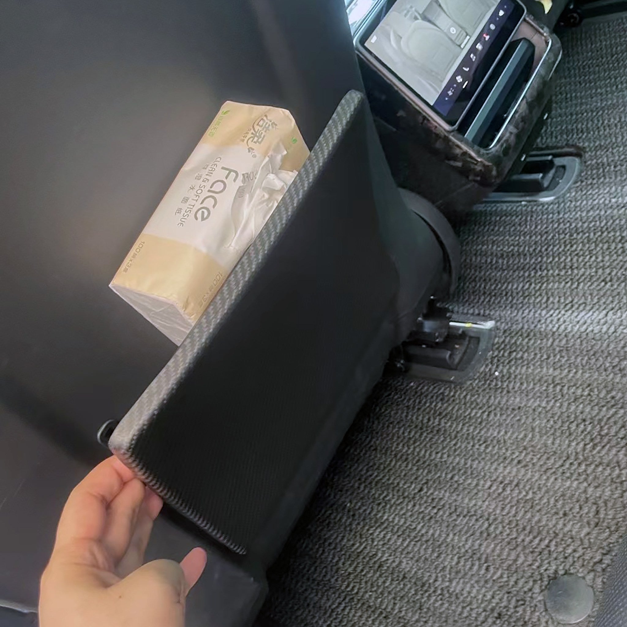 Real Carbon Fiber Seat Back pocket Cover installed on 2024+ Tesla Model 3 Highland