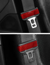 close up detail of Tesla Model 3/Y red Carbon Fiber Seat Belt Covers