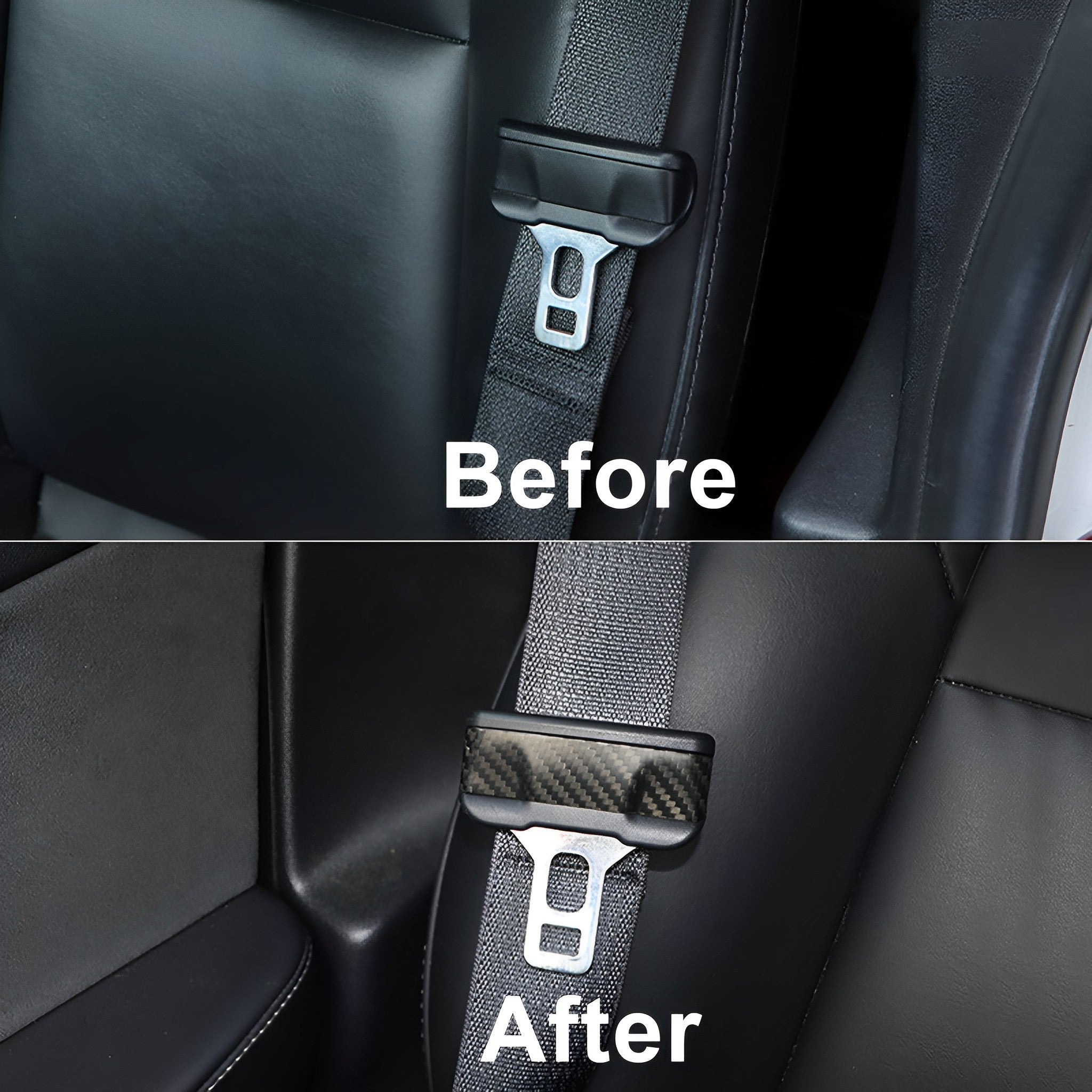 Before and after installation of Tesla Model 3/Y Carbon Fiber Seat Belt Covers
