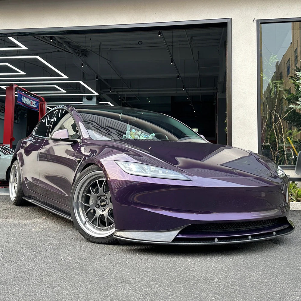 Side view of Carbon Fiber Side Skirts installed on 2024+ Tesla Model 3
