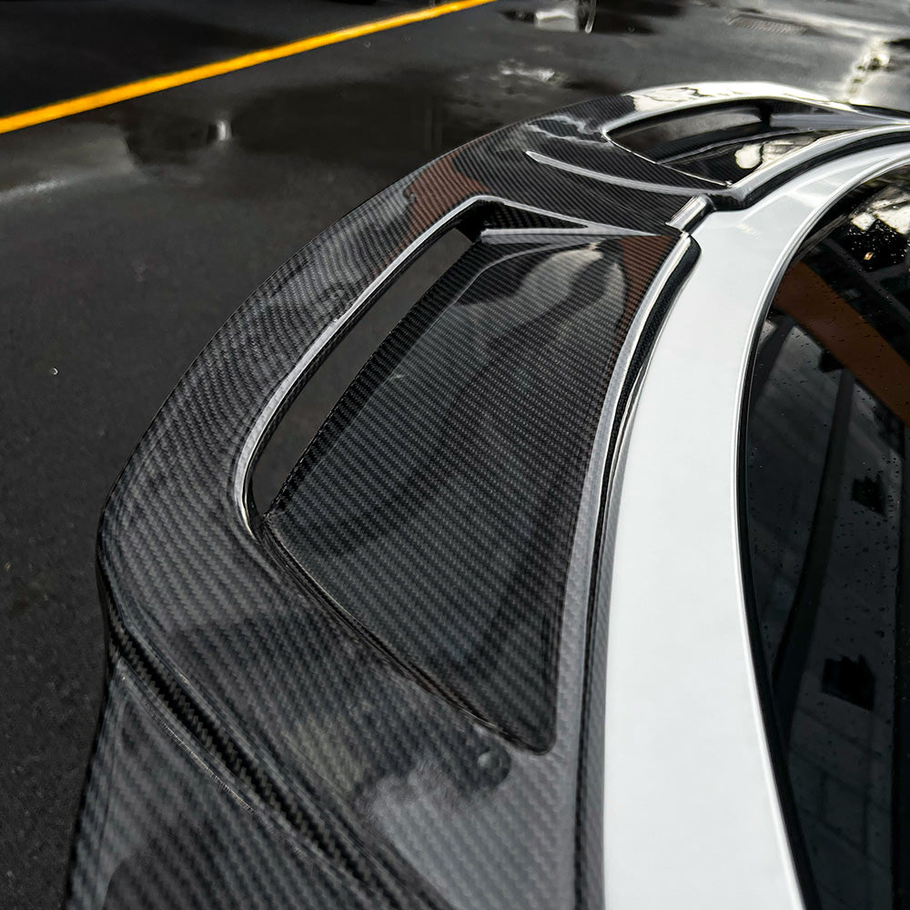 Close-up details of Tesla Model Y Juniper Carbon Fiber Wing Spoiler Dual air outlets
