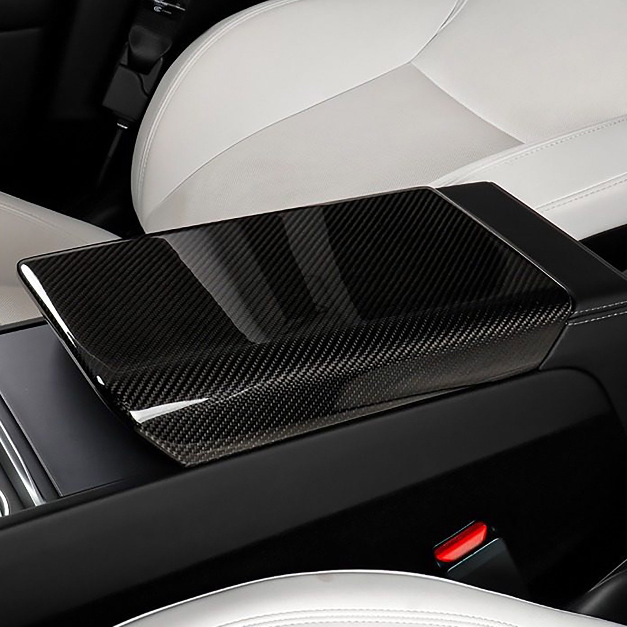 Carbon Fiber Armrest Box Cover installed on Tesla Model 3 Highland