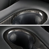 close up of Tesla Model Y Juniper Real Carbon Fiber Rear Cup Holder Cover