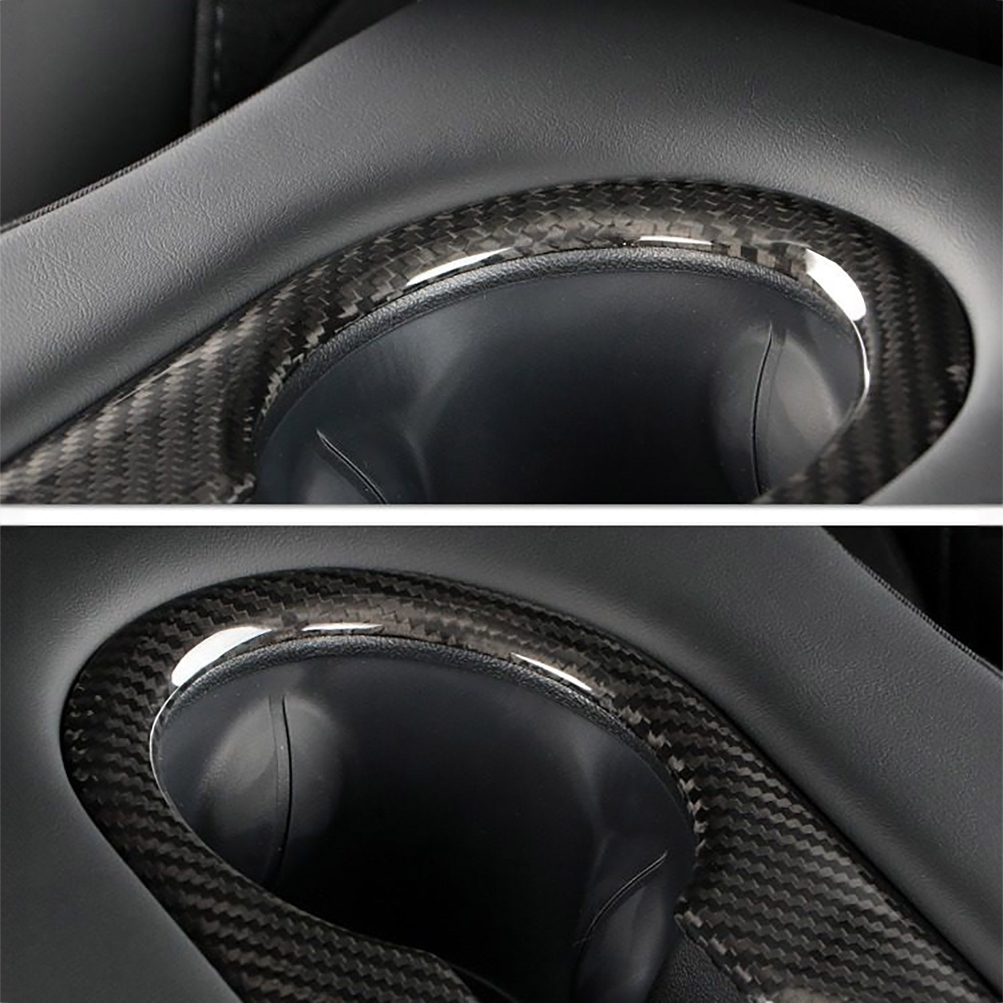 close up of Tesla Model Y Juniper Real Carbon Fiber Rear Cup Holder Cover