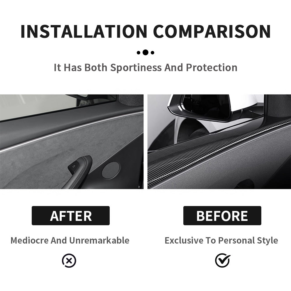 Comparison after and before installation: 2024+ Model 3 Highland with Carbon Fiber Upper Door Panel Cover