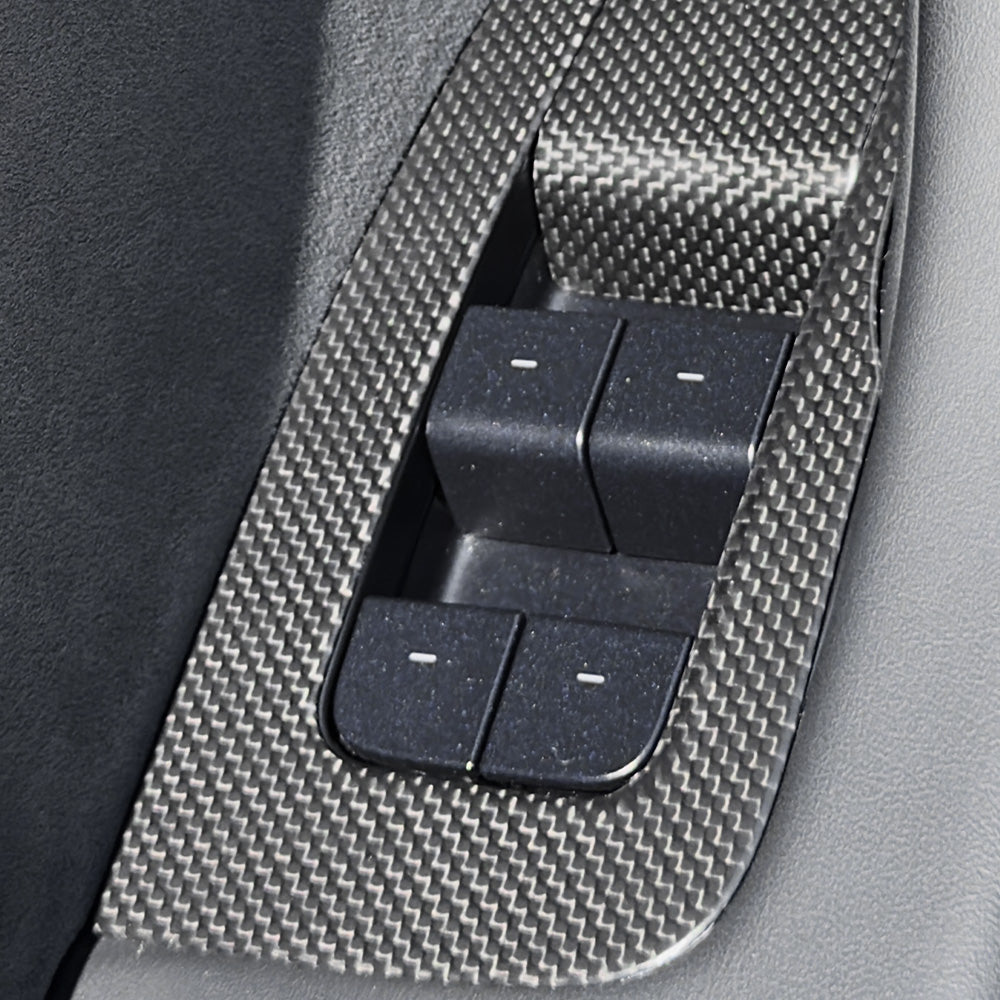 Close-up view of the carbon fiber texture on Window Switch Covers for Model 3 Highland 2024+