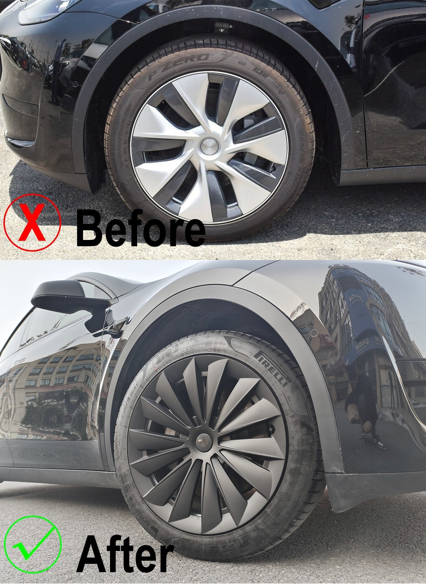Tesla Model Y Wheel Covers Replacement for Gemini 19" Hub Caps Before and after comparison