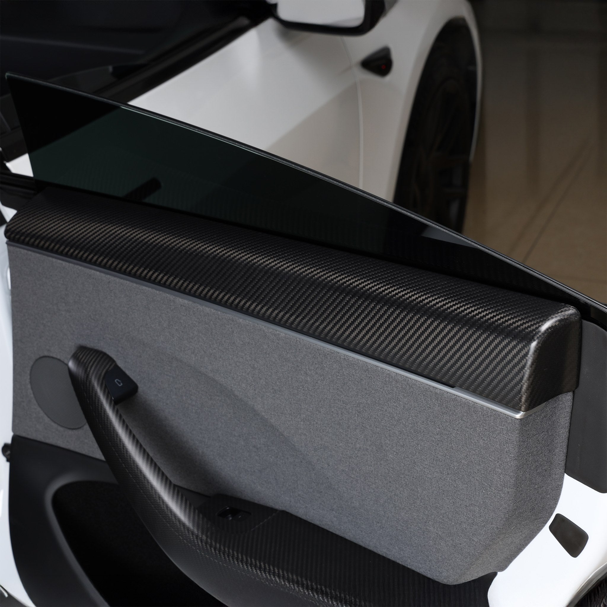 Twill weave Carbon Fiber Upper Door Panel Cover installed on 2024+ Model 3 highland