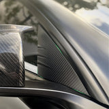 Side view of Tesla Model 3/Y Carbon Fiber A-Pillar Covers installed