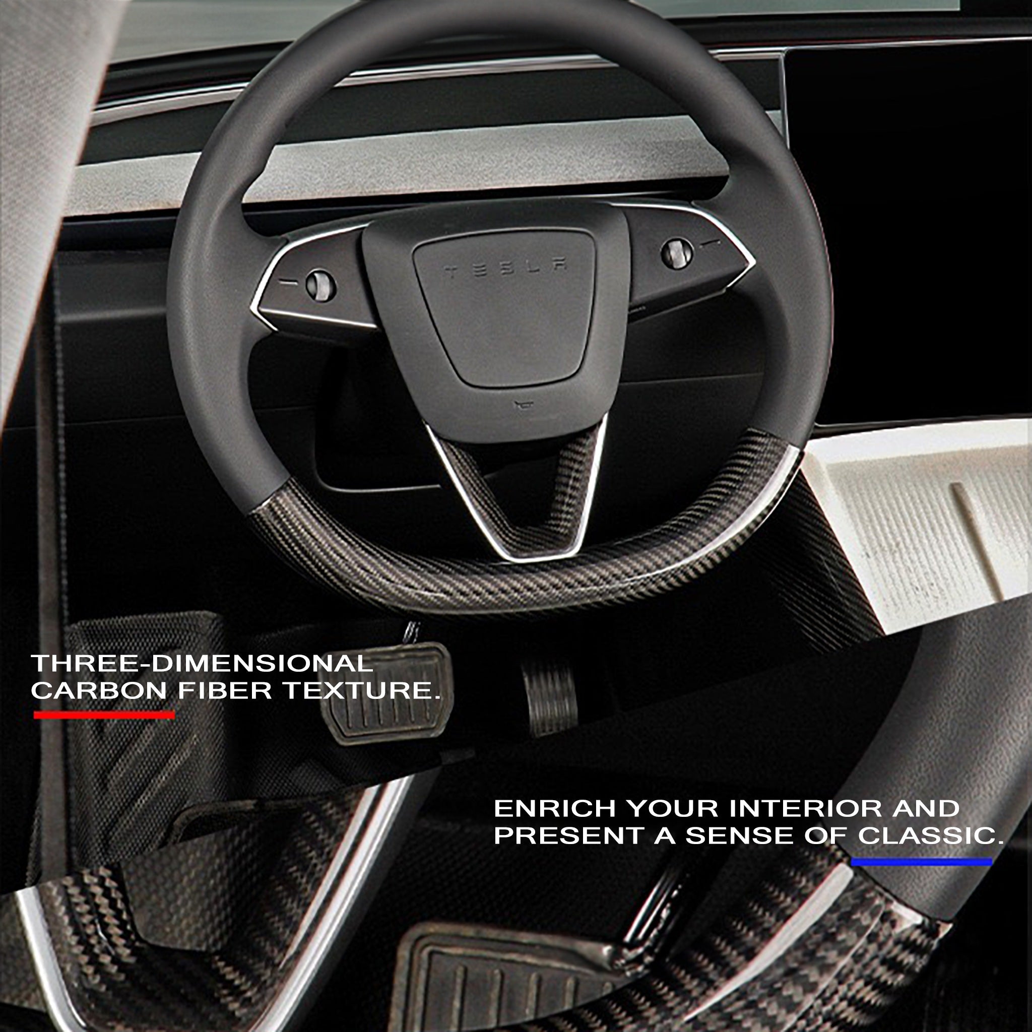 installation of carbon fiber steering wheel overlay on Tesla Model Y Juniper