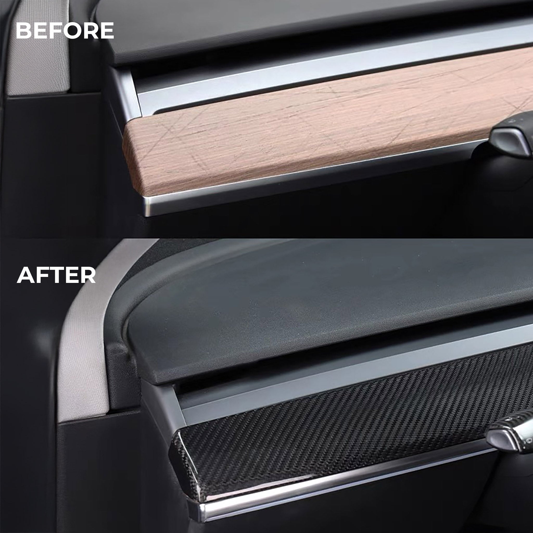 Before vs after installation: Tesla Model 3/Y with Carbon Fiber Dashboard