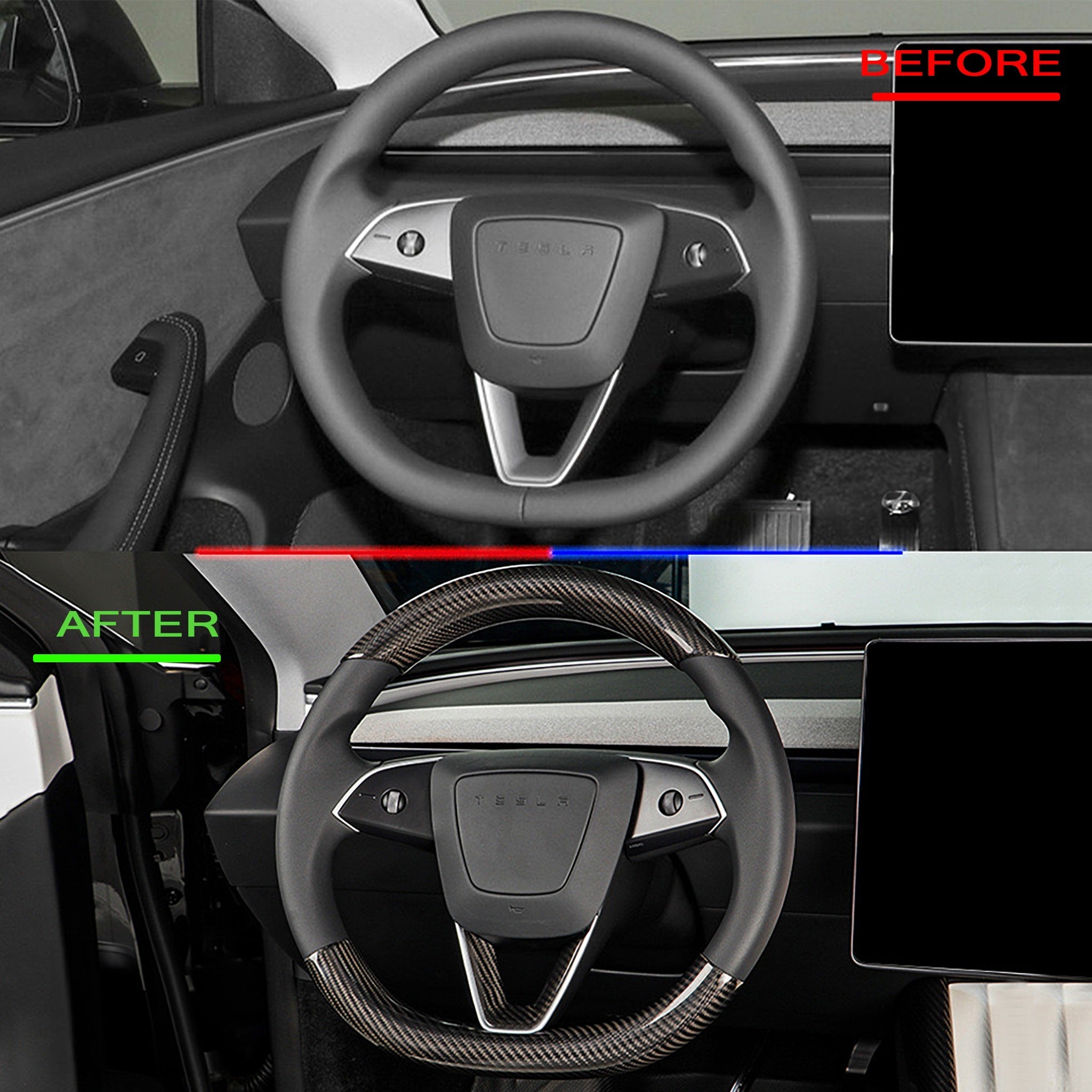 Before vs after installation: Tesla Model Y Juniper steering wheel with carbon fiber cover