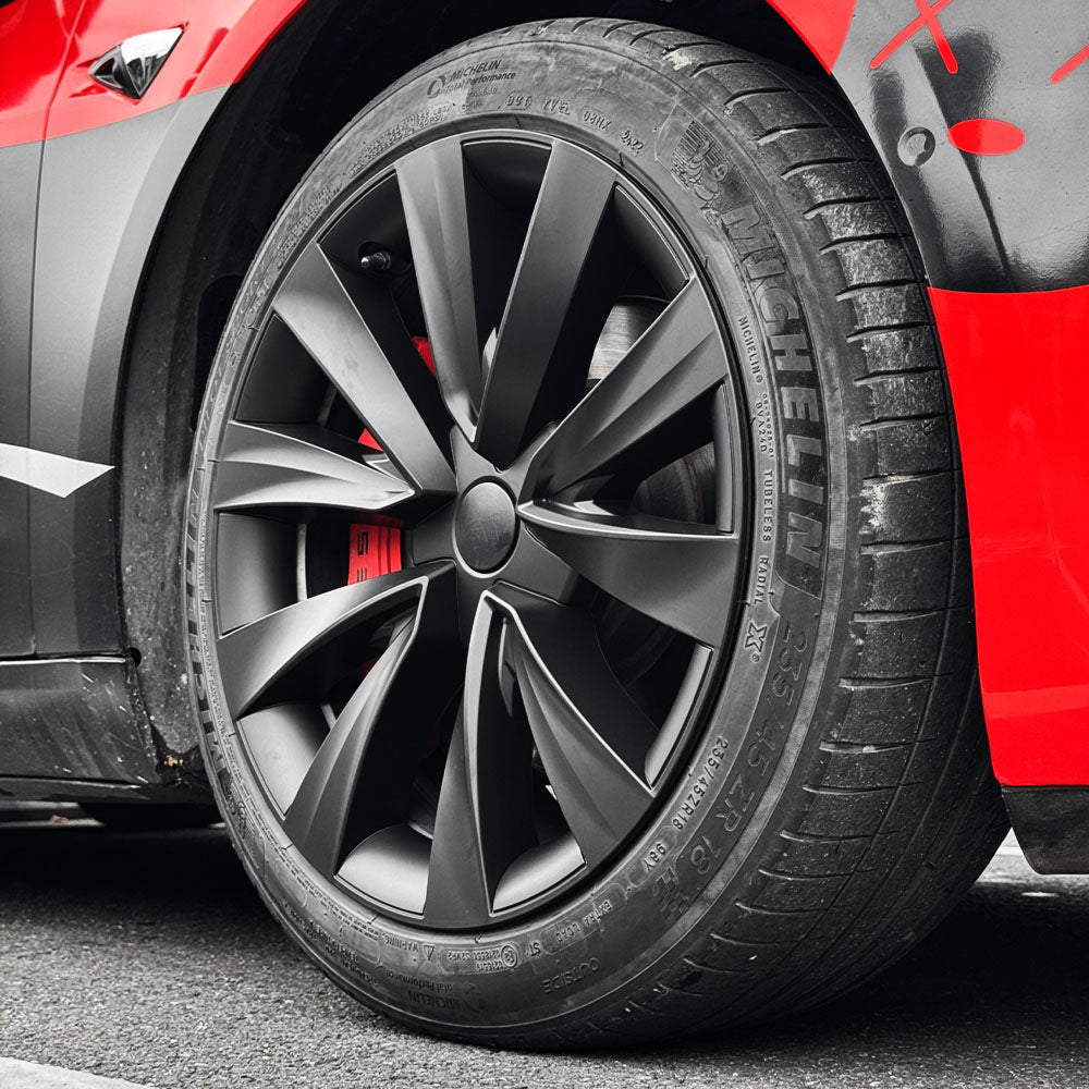 Nova-Style Wheel Covers for Tesla Model 3 (2017–2023.09) – 18” Aero Wheels – Matte Black & Silver – OEM-Fit Rim Protectors