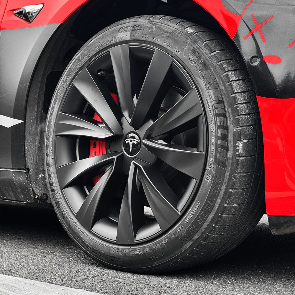 Nova-Style Wheel Covers for Tesla Model 3 (2017–2023.09) – 18” Aero Wheels – Matte Black & Silver – OEM-Fit Rim Protectors
