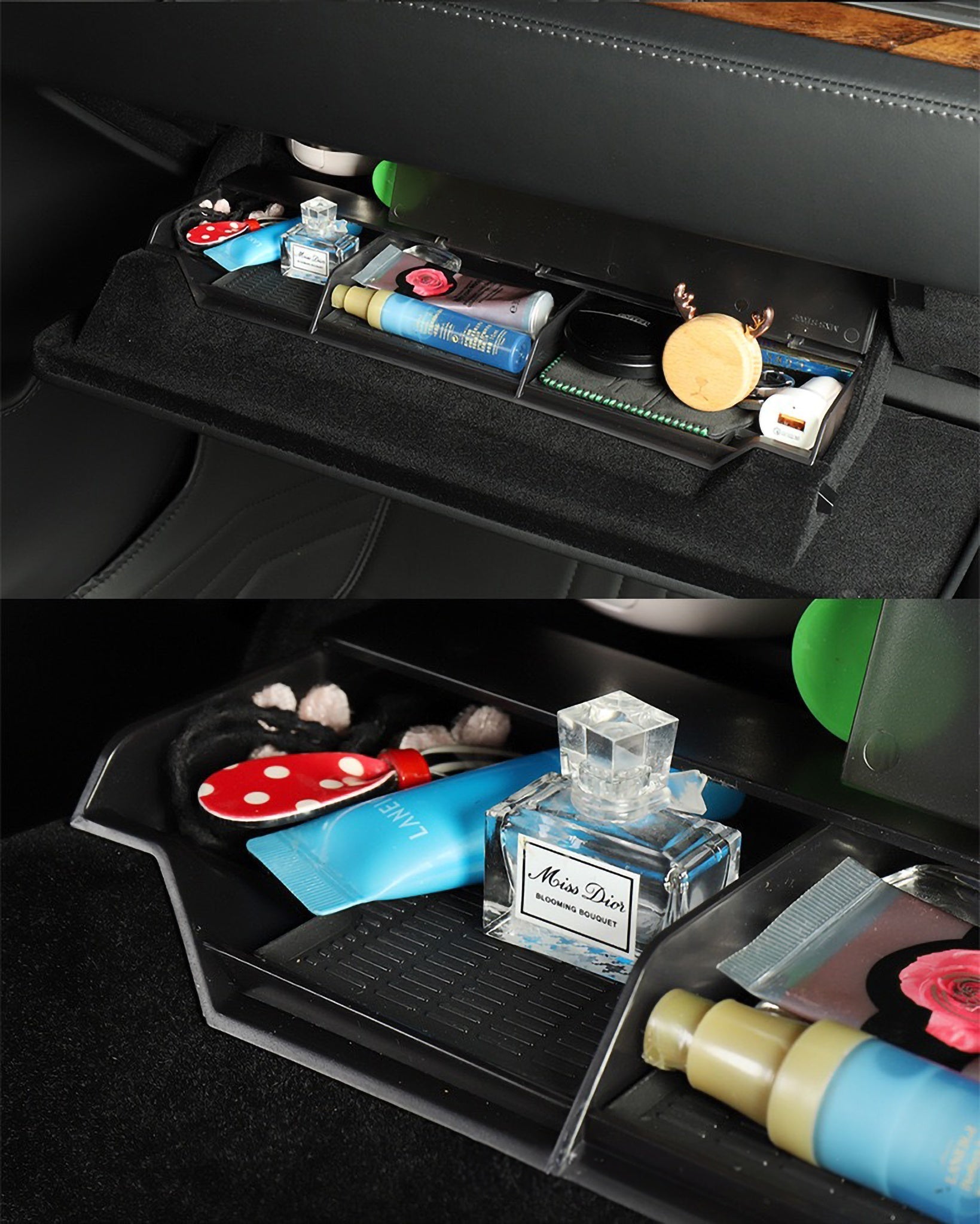 Glove Box Organizer for Pre-Refreshed Tesla Model S/X – 3-Compartment Custom Fit Storage Tray with Anti-Slip Liners