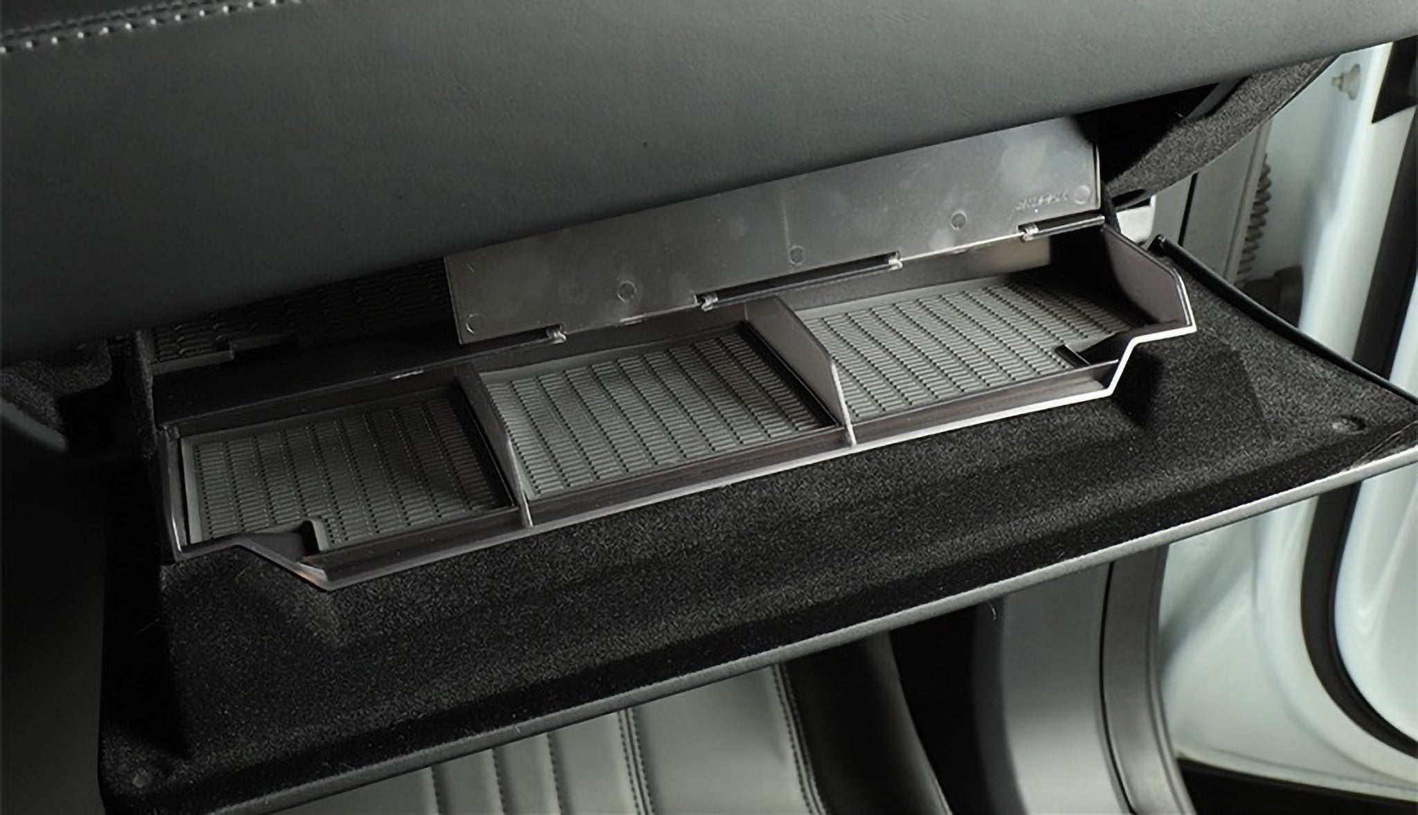 Glove Box Organizer for Pre-Refreshed Tesla Model S/X – 3-Compartment Custom Fit Storage Tray with Anti-Slip Liners