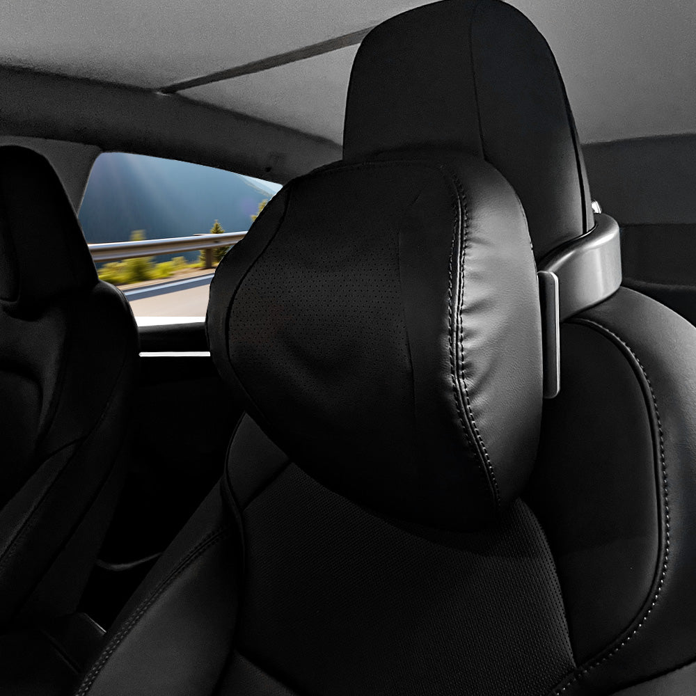 Premium Nappa black Adjustable Headrest Pillow installed on Tesla vehicle