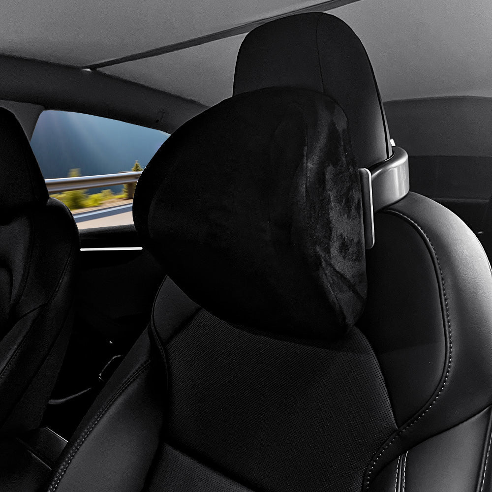 Premium Alcantara black Adjustable Headrest Pillow installed on Tesla vehicle