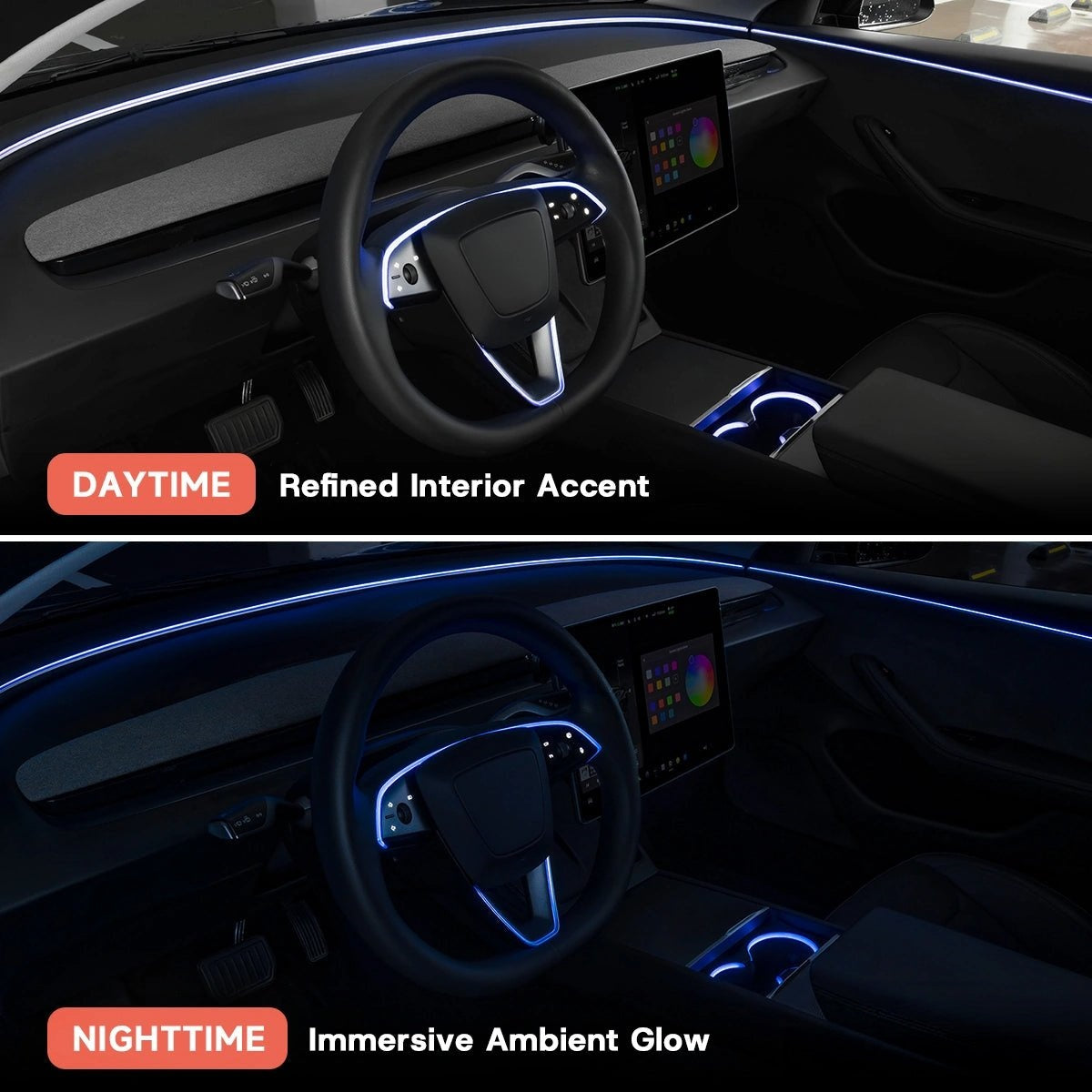 RGB Steering Wheel & Cup Holder Ambient Light Kit for Tesla Model 3 Highland 2024+ / Model Y Juniper 2025+ / Model YL 2026+