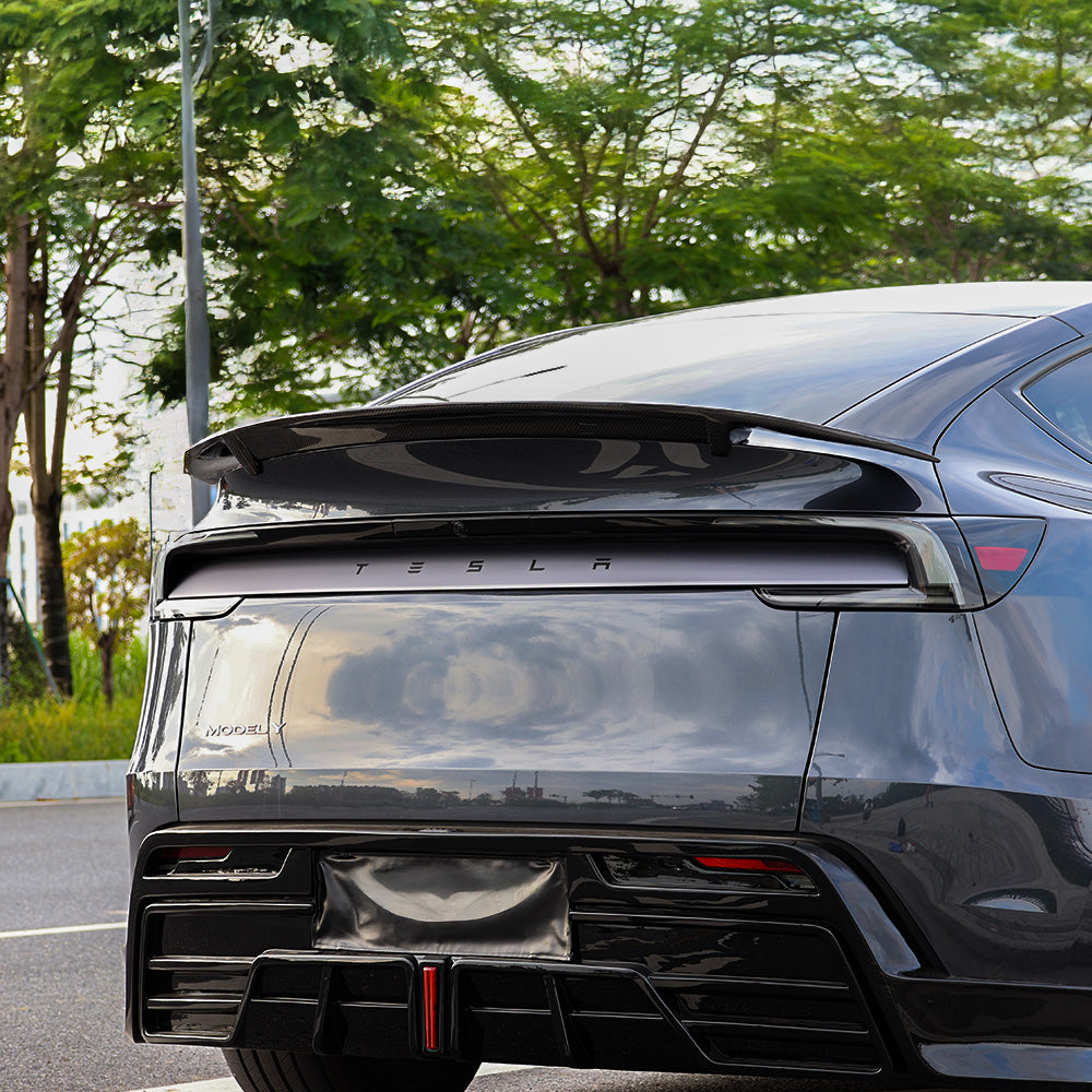 rear view RT-Style Carbon Fiber Spoiler Wing for Model Y Juniper
