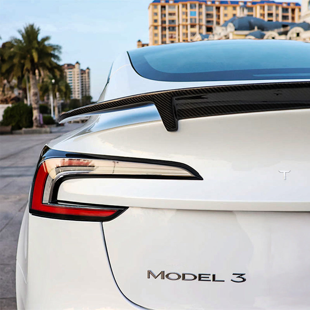 rear detail of RT-Style Real Carbon Fiber Spoiler Wing installed on 2024+ Tesla Model 3 Highland